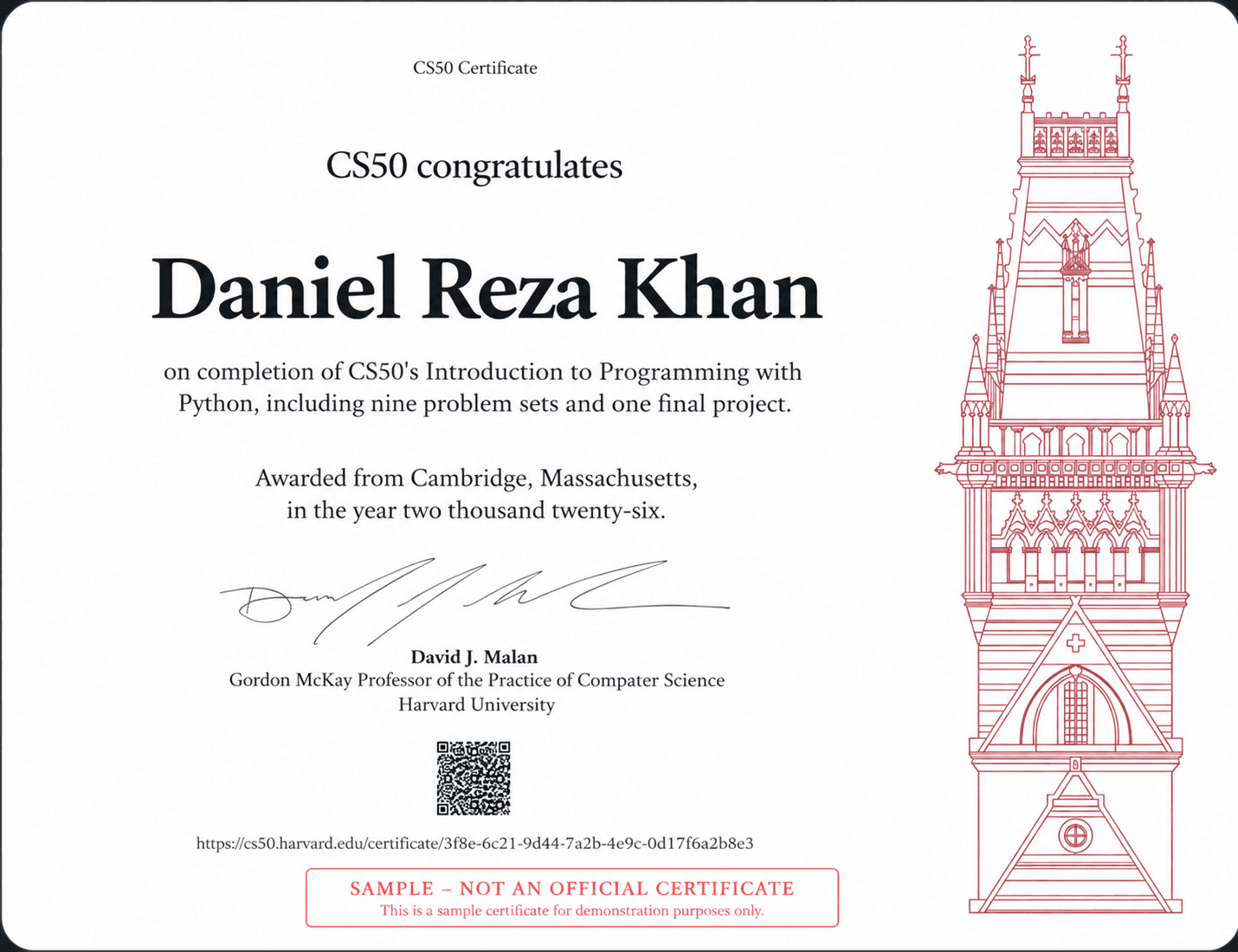 Sample CS50 completion certificate from Harvard